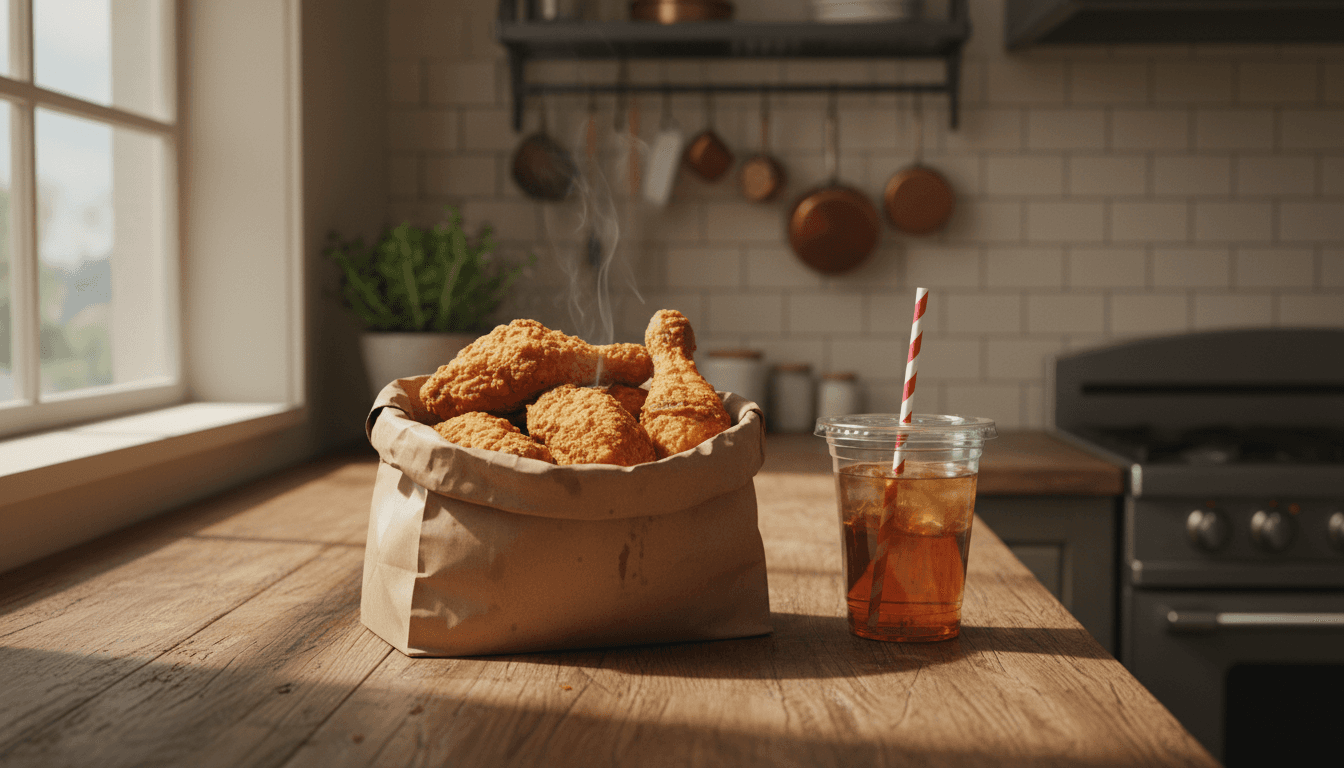 Brown paper bag filled with golden fried chicken on a wooden countertop with a takeout cup beside it