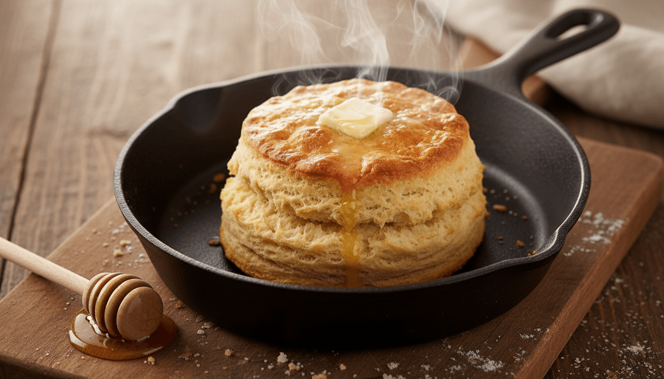 Warm buttermilk biscuit with honey on a skillet