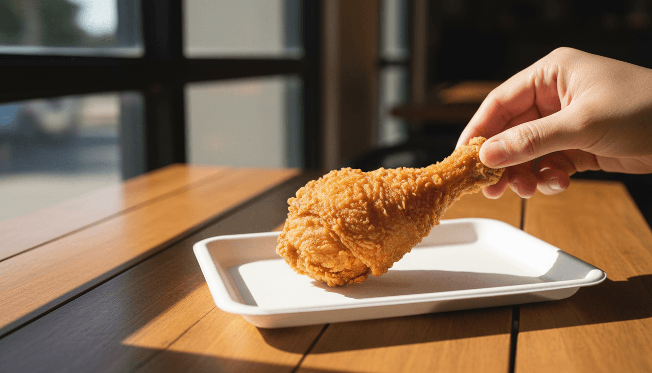 Crispy fried chicken drumstick on a white paper tray