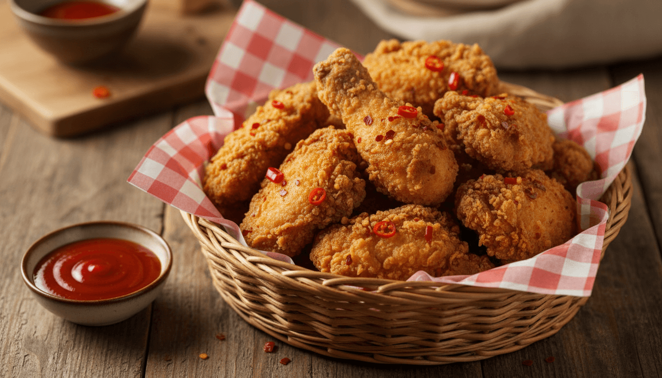 Basket of spicy fried chicken with red chili flakes