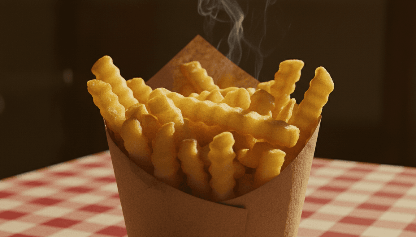Steaming hot french fries in a paper cone