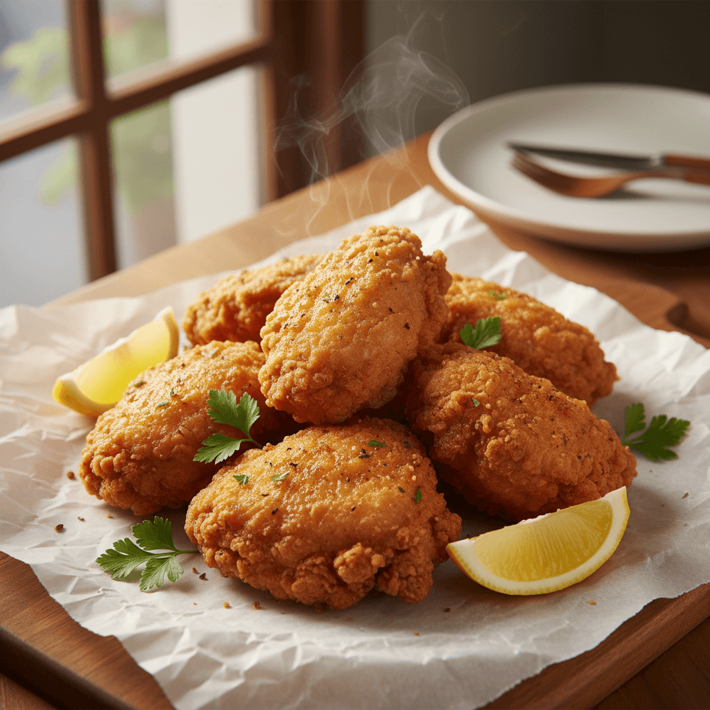 Spicy chicken tenders on a black tray with ranch dip