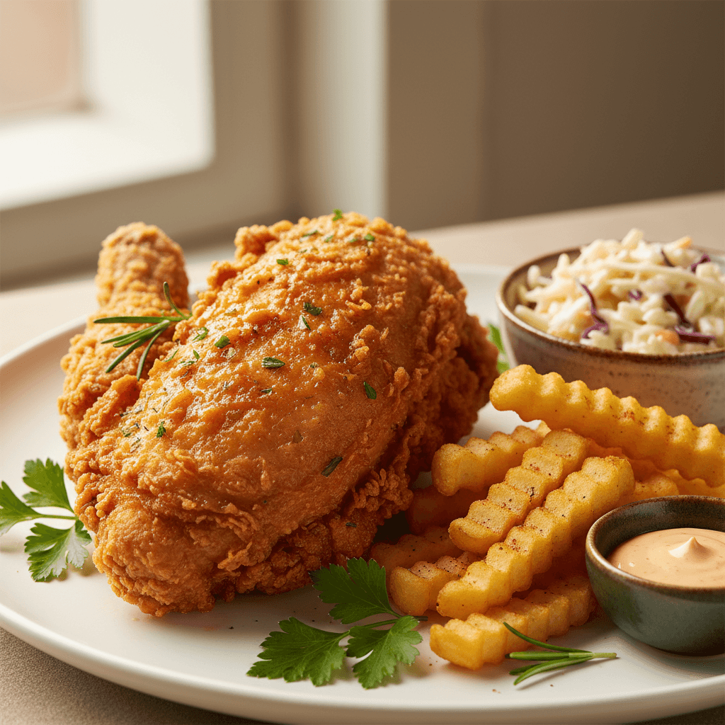 Classic fried chicken piece on a white plate