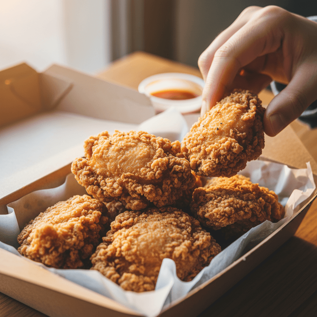 Takeout bag of crispy fried chicken and fries on a counter
