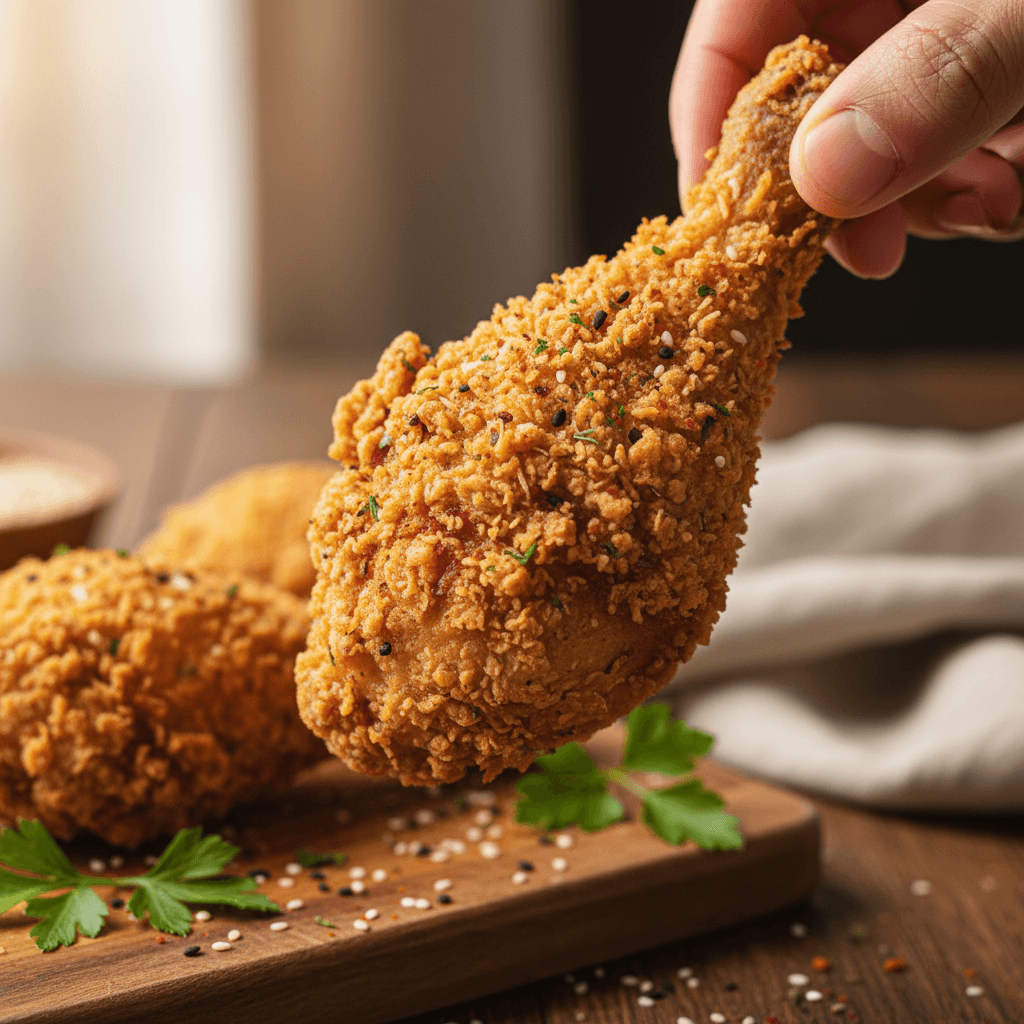 Steaming hot crispy fried chicken leg held in hand