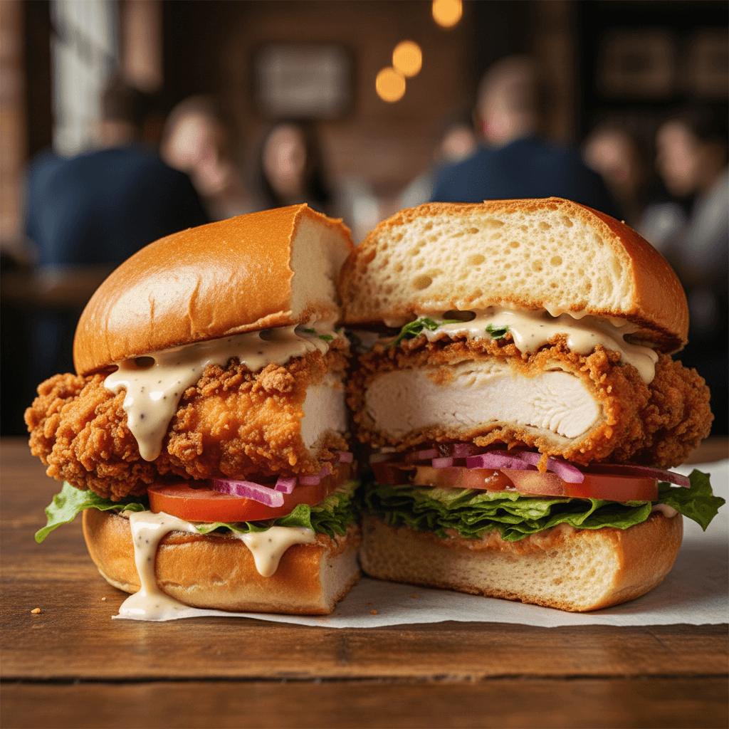Crispy chicken sandwich cut in half with fries